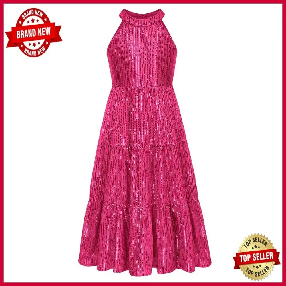 Sequin Maxi Dress Elegant Formal Party Wear Girls Long Dress with Satin